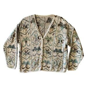 VTG 90s Women Cottagecore Cardigan Size L Hand Knit Floral Scalloped Trim Cozy